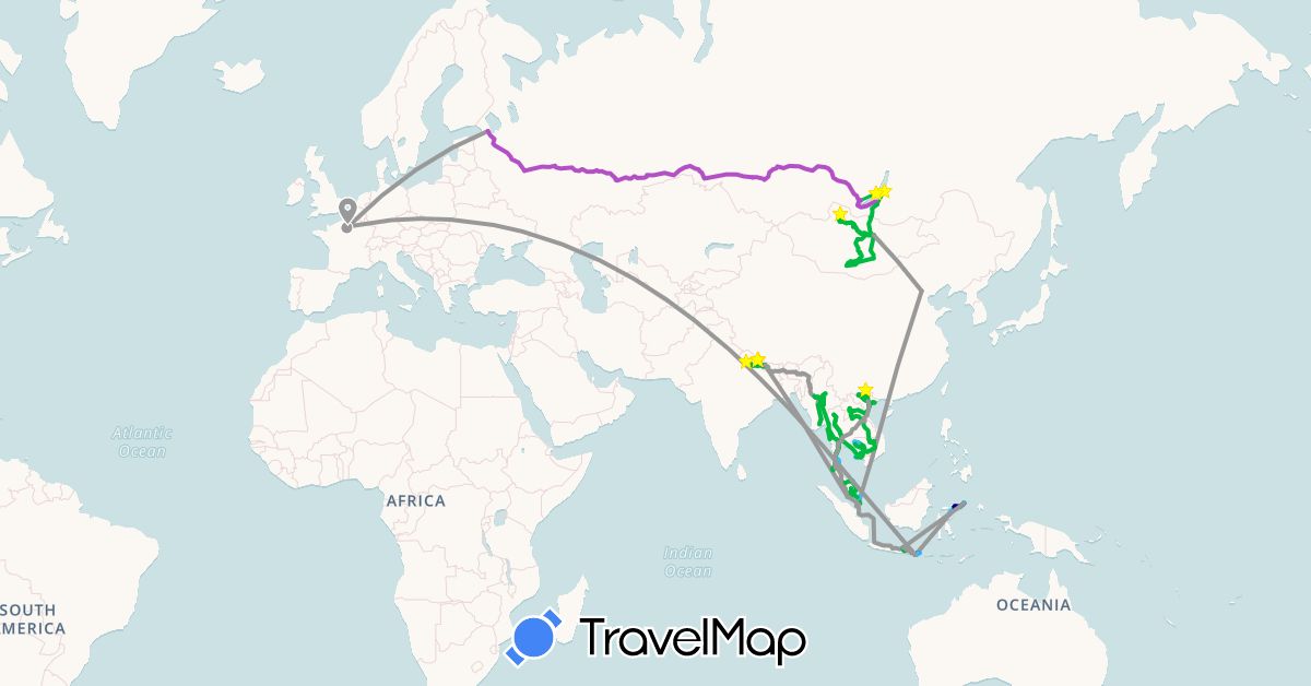 TravelMap itinerary: driving, bus, plane, train, hiking, boat in China, France, Indonesia, Cambodia, Laos, Myanmar (Burma), Mongolia, Malaysia, Nepal, Russia, Singapore, Thailand, Vietnam (Asia, Europe)